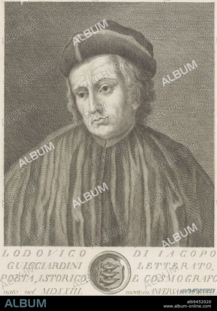 Portrait of Luigi Guicciardini, uncle of Lodovico Guicciardini Below the portrait a text in Italian and a coat of arms in a circular frame, Portrait of Luigi Guicciardini Portraits of famous Italians with coat of arms in lower margin , print maker: Francesco Allegrini, (mentioned on object), intermediary draughtsman: Giuseppe Zocchi, (mentioned on object), Lorenzo Guicciardini, (mentioned on object), print maker: Italy, intermediary draughtsman: Italy, Florence, 1763, paper, engraving, h 298 mm × w 199 mm.