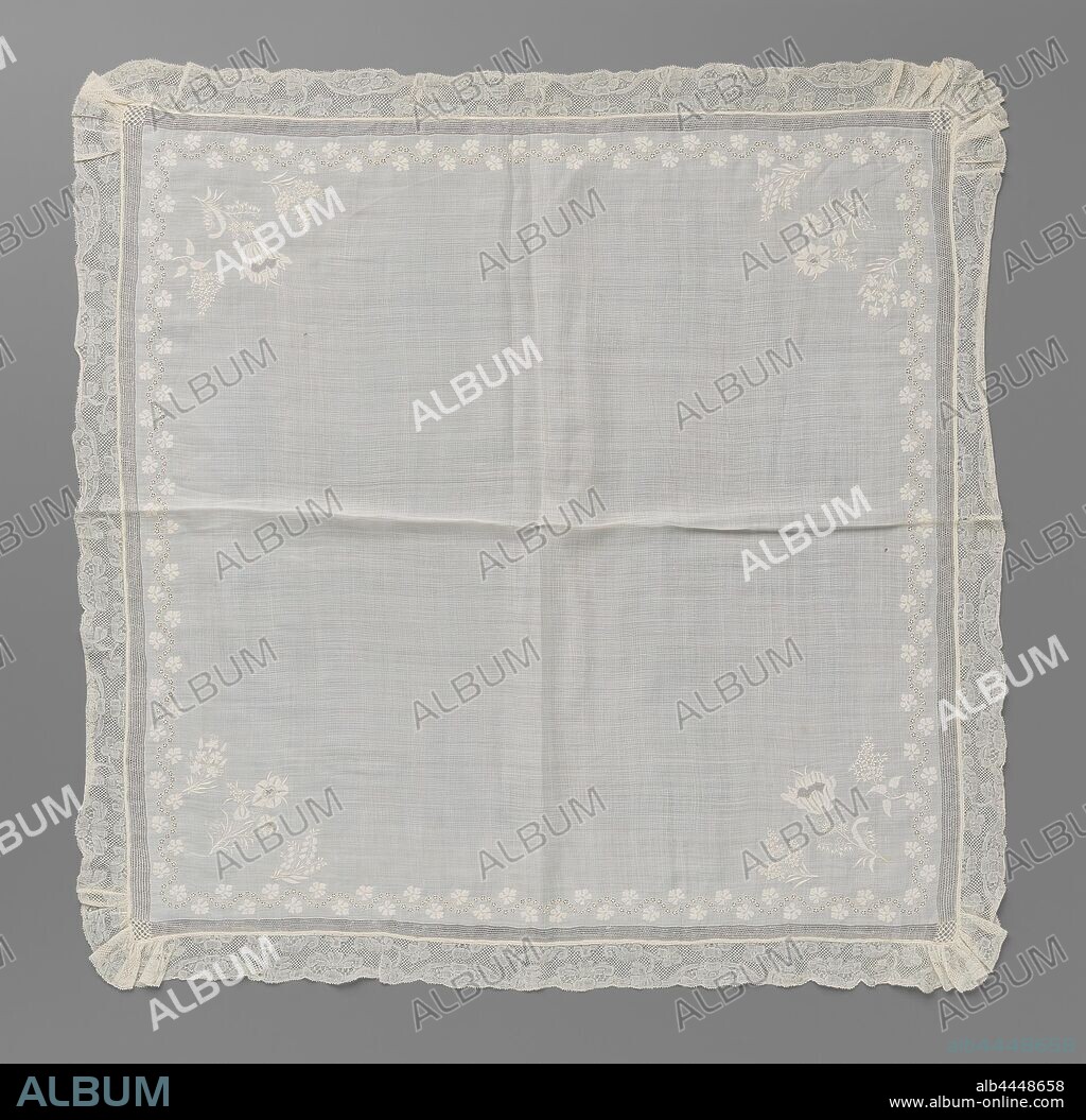 Handkerchief of batist with three flower branches in each corner made in shadow work and around a border of Flanders lace, Handkerchief of natural-colored batist with embroidery and a border of bobbin lace: Flanders lace. The embroidery is in the corners and along the edges. There are three flower branches in each corner, flanked by two smaller ones. A large calyx in two corners between branches with forget-me-nots. In the other corners a large rosette flower between finer branches with carnations. The angled opposite corners are the same. Along the entire side runs a regularly flowing stream of openwork forget-me-nots and vine leaves. The edge bobbin lace is smooth along the sides and wrinkled in the corners to the handkerchief. It has a repeating pattern with two broad symmetrical compositions. One composition consists of a rosette flower under an arch on the underside. The other composition consists of a cloud on the underside from which a heart-shaped flower originates between two leaves. The compositions are completed by a volute leaf along the top of the strip, from which a split branch points downwards, with a fan-shaped flower and a rosette flower. The motifs are made in linen with openwork edges and some cut-outs. The motifs are connected by a five-hole ground. Snowflake soil was used as decorative ground. The shell edge along the bottom comes from the pattern is finished with picots., anonymous, West-Europa, c. 1840 - c. 1860, cotton (textile), Flanders lace, l 65 cm × w 65 cm w 3 cm ×, 17.5 cm.
