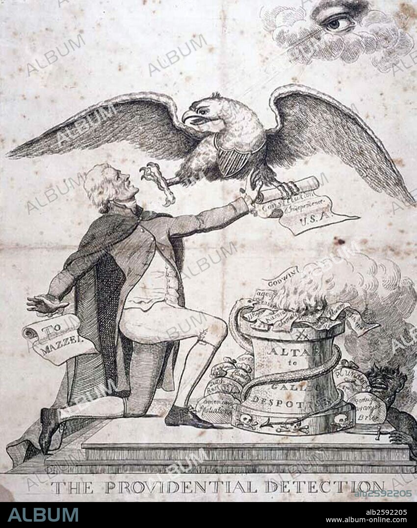 Cartoon titled 'The Providential Detection' depicts President Thomas Jefferson trying to burn the constitution. Dated 1799 .