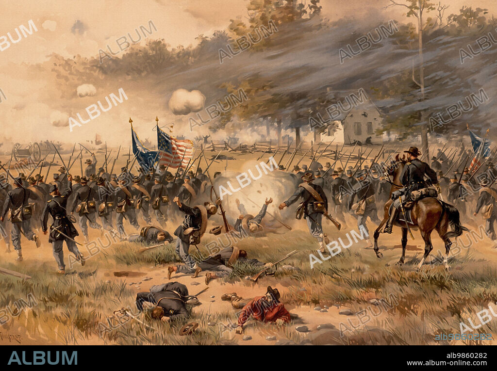 Battle of Antietam, also called Battle of Sharpsburg, was the decisive battle of the Confederate Maryland Campaign during the American Civil War. It took place on 17 September 1862 along the Antietam River in Maryland, Historic, digitally restored reproduction from an original of the period.