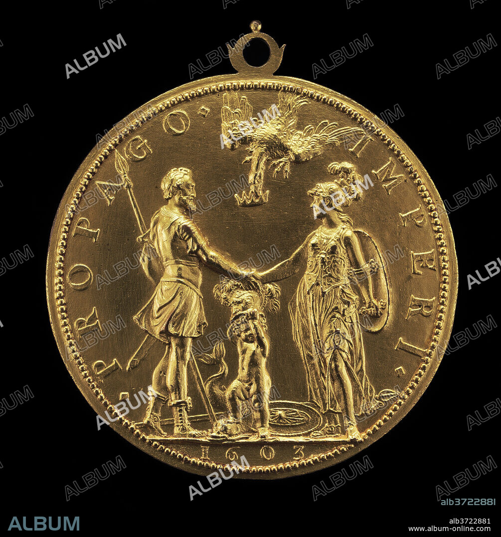 GUILLAUME DUPRé. Louis XIII as Dauphin between Henri IV as Mars and Marie as Pallas Athena [reverse]. Dated: 1603. Dimensions: overall (height with suspension loop): 7.55 cm (3 in.)  overall (diameter without loop): 6.79 cm (2 11/16 in.)  gross weight: 71.25 gr (0.157 lb.)  axis: 12:00. Medium: gilded bronze//With loop.