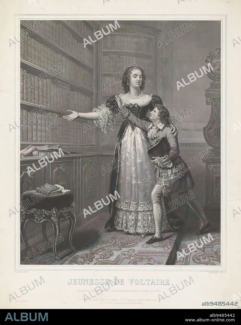 Ninon de Lenclos gives the young Voltaire her library, Jeunesse de Voltaire. Ninon de l'Enclos faisant don de sa bibliothèque au jeune Voltaire (title on object), The French courtesan Ninon de l'Enclos has her arm left arm wrapped around the young Voltaire. With her right hand, she points to a well-stocked bookcase. On the right, a standing watch., print maker: Blanchard, (mentioned on object), after painting by: Carl von Steuben, (mentioned on object), printer: Chardon fils ainé, (mentioned on object), print maker: France, after painting by: Germany, printer: Paris, publisher: Paris, publisher: London, 1829, paper, etching, engraving, height 453 mm × width 577 mm.