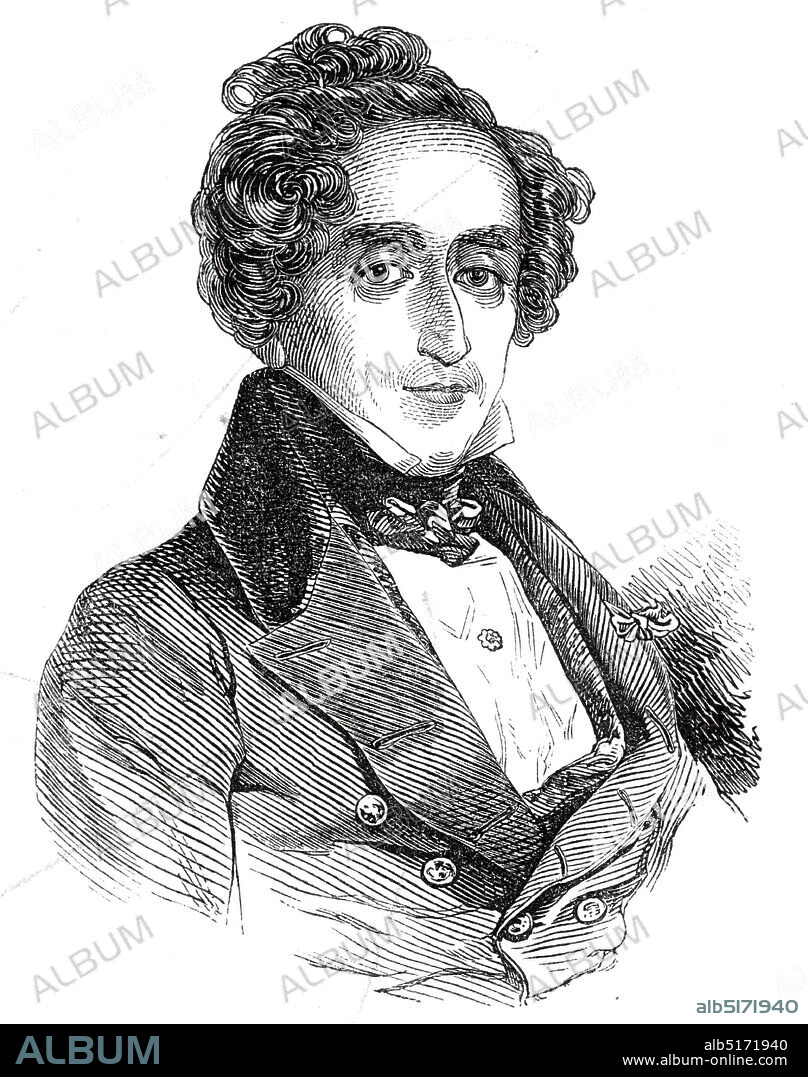 Meyerbeer, 1845. Portrait of German composer Giacomo Meyerbeer. 'At seven years of age he already performed on the piano at public concerts...At eighteen years of age he produced his first opera...Our composer had married in 1827, hut the death of his two children threw a gloom over this part of his life; he passed two years in retirement, and it was, doubtless, during this time that he brought forth those compositions of a more serious cast, which have so highly distinguished him as a composer of sacred music...Meyerbeer, though enormously rich, lives in a most unpretending style, and is not very partial to society. He carries his love for his art to an extraordinary degree. In other things, he is quiet and simple in his manners, but possesses a fund of good sense and general information. He is small of stature, his hair is black, and his face bears the type of his Hebrew origin'. From "Illustrated London News", 1845, Vol VII.