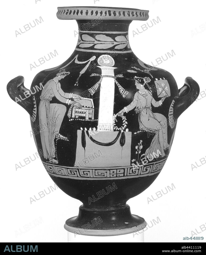 Apulian Hydria with Grave Scene, Unknown, about 360–350 B.C., Terracotta, 30.5 × 12.2 cm (12 × 4 13/16 in.).