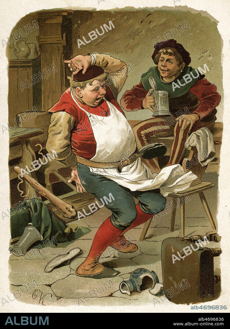 Le baton sort du sac et puni l'aubergiste voleur. Les trois freres ou Petite table soit mise, L'ane et le sac (ou le Baton...) Conte des freres Grimm. Gravure allemande fin 19eme. Credit Collection KHARBINE TAPABOR.