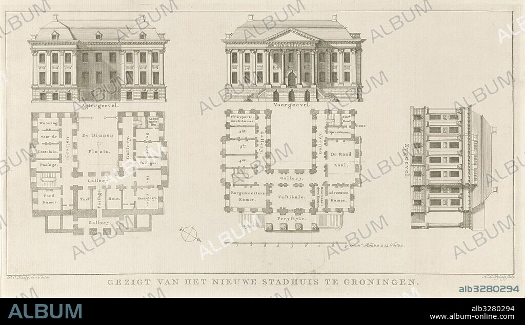 Facades and floor plans of the City Hall of Groningen, The Netherlands, Hendrik Leffert Meyling, 1801 - 1821.