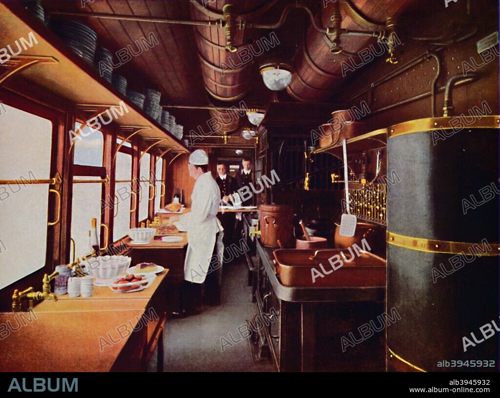 'Inside a Restaurant Car Kitchen on the L.M.S. Railway', 1926. From My Railway Book, No. 40, by Cecil J. Allen. [John F. Shaw & Co., Ltd., London, 1926].