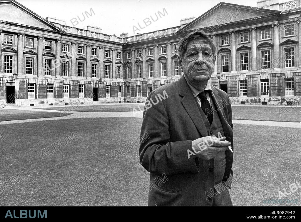 W H Auden (1907-1973) in Peck Quad Church, 1972. The fourth and fifth windows in the middle row to the left of the corner are those of his old rooms when an undergraduate. W H Auden, The Life of a Poet, Charles Osborne.
