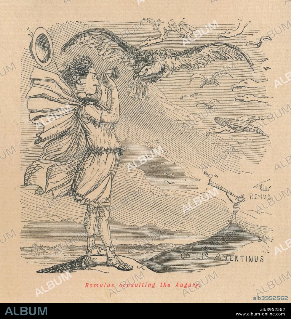 'Romulus consulting the Augury', 1852. From The Comic History of Rome, by Gilbert A A'Beckett, illustrated by John Leech. [Bradbury, Agnew & Co, London, 1852].