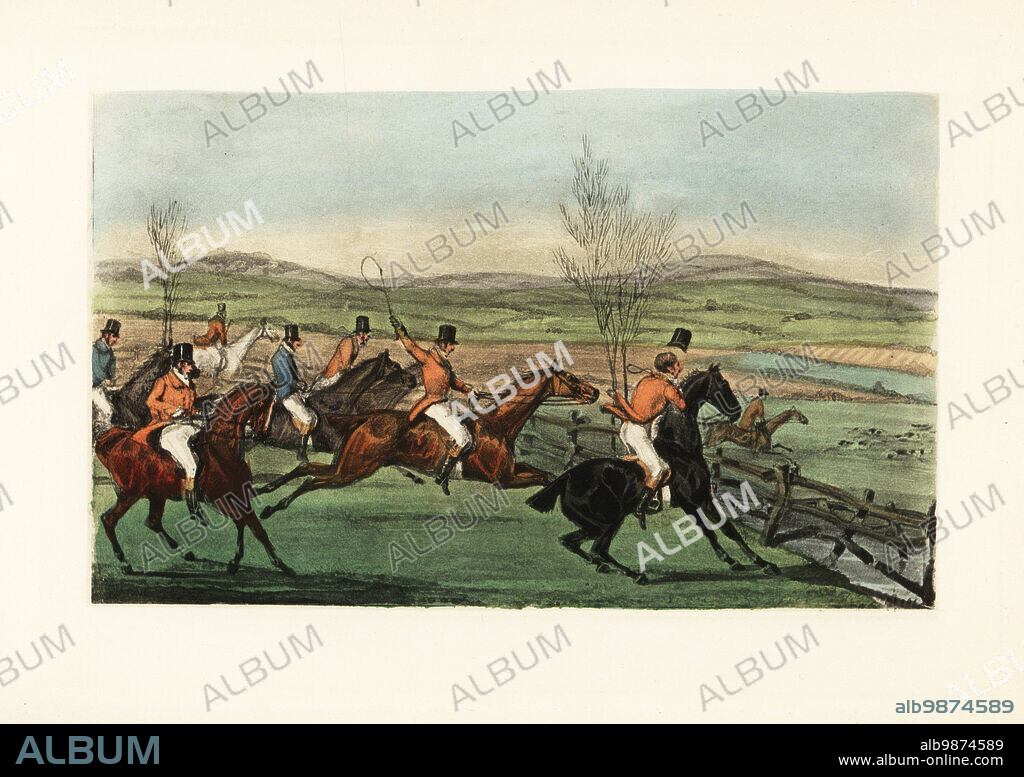 English gentleman falling at a ha-ha or sunken fence during a fox hunt. Mytton fell and was injured at a ha-ha on Shavington Day, 7 April 1829. Now for the honour of Shropshire! The Shavington Day; a trial of rival packs and consequently of rival horsemen. Chromolithographic facsimile of an illustration by Henry Thomas Alken from Memoirs of the Life of the Late John Mytton by Nimrod aka Charles James Apperley, Kegan Paul, London, 1900.
