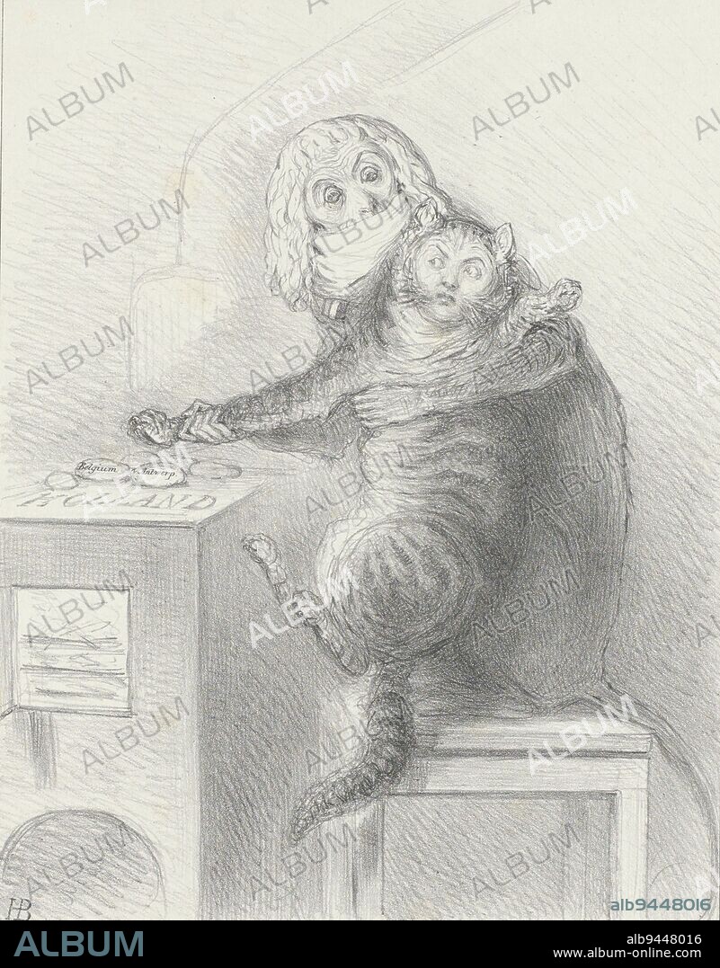 Cartoon on Talleyrand and Palmerston, 1832, John Doyle, 1832, Cartoon in which a dog (Talleyrand) holds a cat (Palmerston) captive in his arms and tries to press her paw on a hot stove (Belgium and Antwerp). Cartoon on the roles of Charles-Maurice de Talleyrand, the French ambassador to London and Minister Palmerston, participants in the negotiations at the London Conference on the independence of Belgium, October 1832. Stated at top right: HB Sketches, no. 232., print maker: John Doyle, (mentioned on object), printer: A. Ducôte, (mentioned on object), publisher: Thomas McLean, (mentioned on object), London, 22-Nov-1832, paper, h 349 mm × w 260 mm.