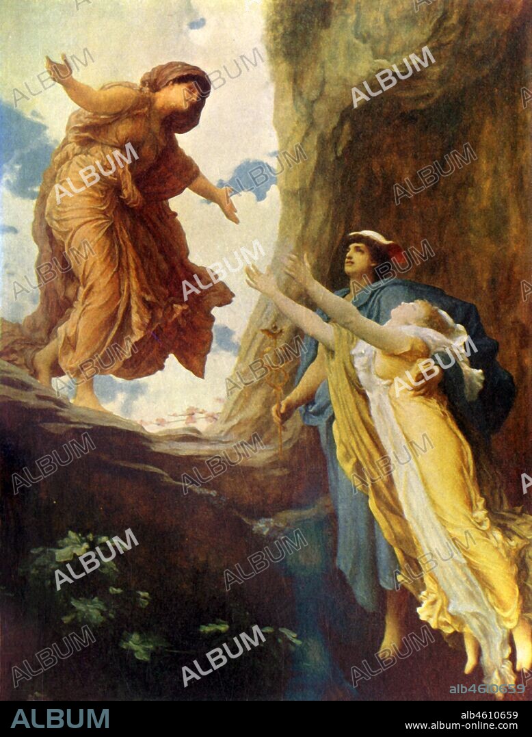 FREDERIC LEIGHTON. 'The return of Persephone', 1891, (1915). In Greek mythology, Hermes helps Persephone to return to her mother Demeter on Zeus command to Hades. Oil on canvas held at Leeds Art Gallery. From "Classic Myth and Legend", by A. R. Hope Moncrieff. [The Gresham Publishing Company Limited, London, ].