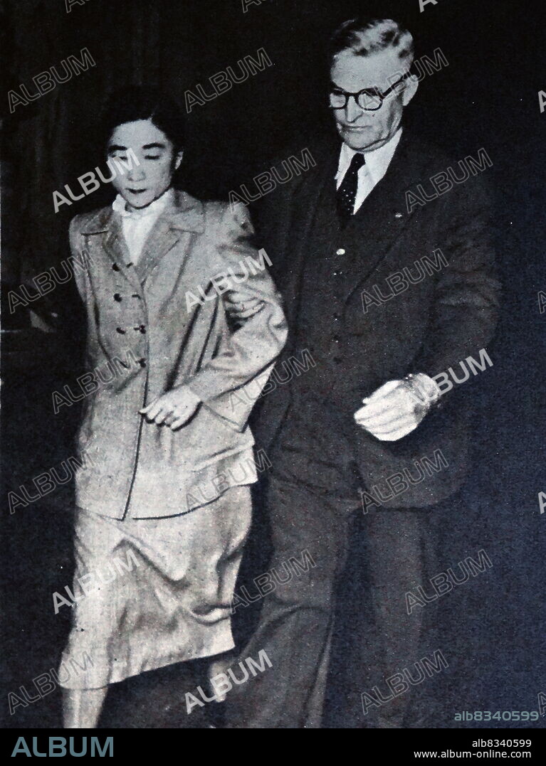 Tokyo Rose leaving the court room, after the verdict, accompanied by U.S. Marshal Herbert C. Cole. Tokyo Rose was a name given by Allied troops in the South Pacific during World War II to all female English-speaking radio broadcasters of Japanese propaganda. Several female broadcasters operated using different aliases and in different cities throughout the territories occupied by the Japanese Empire, including Tokyo, Manila, and Shanghai. Tokyo Rose ceased to be merely a symbol during September 1945 when Iva Toguri D'Aquino was accused of being the 'real' Tokyo Rose, arrested, tried, and became the seventh person in U.S. history to be convicted of treason. Toguri was eventually paroled from prison in 1956, but it was more than 20 years later that she received an official presidential pardon for her role in the war.