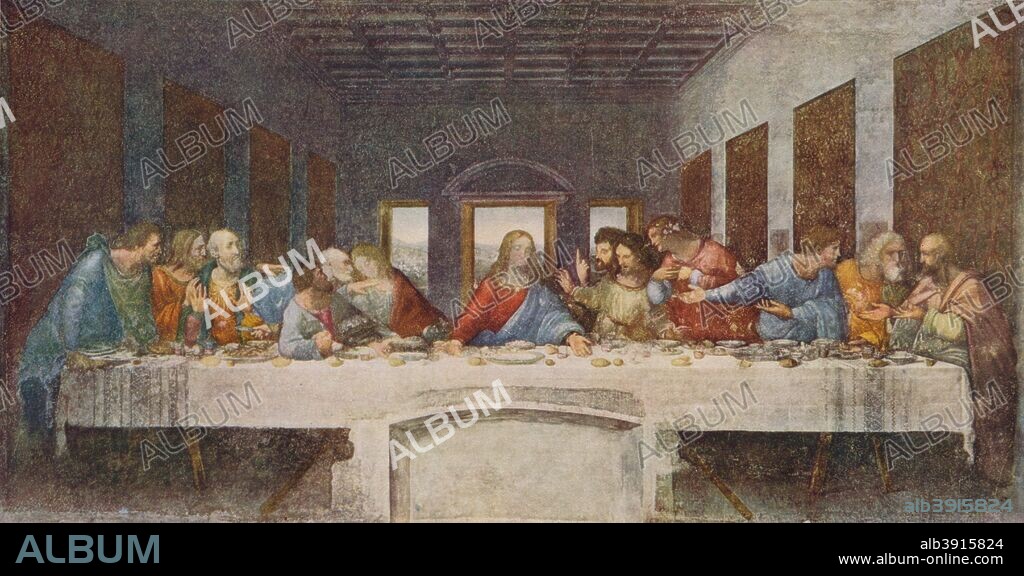 'The Last Supper', 1494-1498.  The mural painting was for the refectory of the Convent of Santa Maria delle Grazie, Milan and was commissioned as part of a scheme of renovations to the church and its convent buildings by Da Vinci's patron Ludovico Sforza, Duke of Milan. The painting represents the scene of The Last Supper of Jesus with his disciples, as it is told in the Gospel of John, 13:21. From World Famous Paintings edited by J Grieg Pirie [W.& G. Foyle Ltd., London, 1938.].