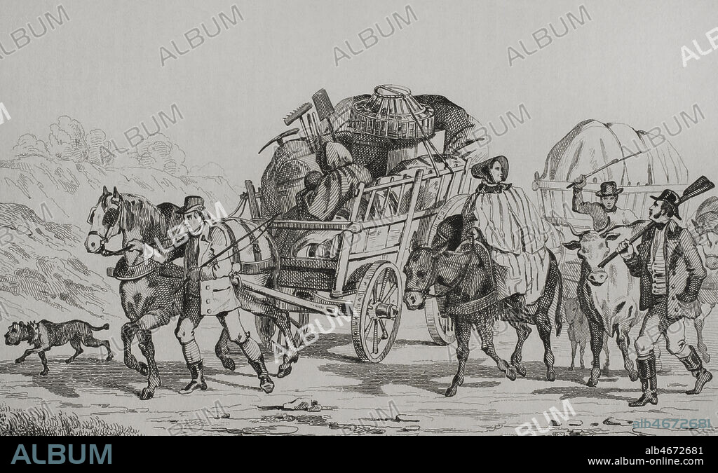 Estados Unidos. Emigraciones hacia el Oeste. Colonos iniciando el viaje, con sus carros cargados con sus pertenencias para poder establecerse un un nuevo territorio. Grabado por Vernier y Branche. Panorama Universal. Historia de los Estados Unidos de América, por Roux de Rochelle. Edición española, impresa en Barcelona,1850.