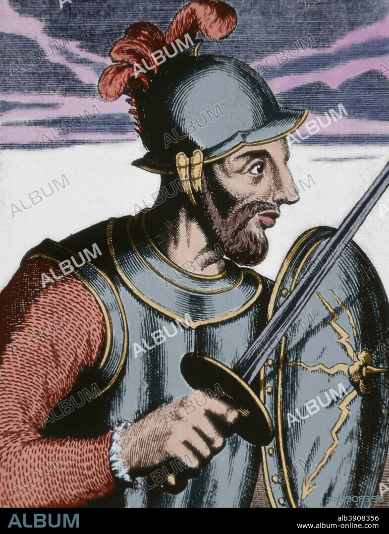 Diego de Almagro (Almagro,1475-Cuzco,1538), llamado el viejo. Conquistador español. En 1524 firma con Francisco Pizarro y Hernando de Luque un contrato para realizar descubrimientos hacia el Sur. En 1525 el descubrimiento de Perú marcó el inicio de la rivalidad entre ambos. Descubridor de Chile. Grabado de la obra "Décadas" (1601-1615), por el historiador Antonio Herrera. Coloreado.