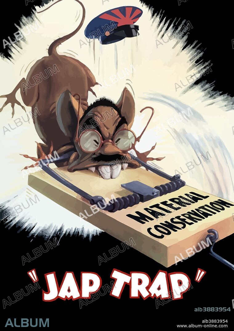 Digitally restored war propaganda poster. This vintage World War Two poster features Emperor Hirohito as a rat, being crushed in a rat trap labeled Material Conservation. It declares - Jap Trap.