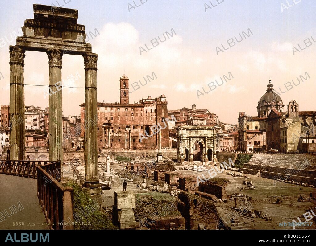 The Roman Forum  is a rectangular plaza surrounded by the ruins of several important ancient government buildings at the center of the city of Rome. Citizens of the ancient city referred to this space, originally a marketplace, as the Forum Magnum, or simply the Forum. It was for centuries the center of Roman public life: the site of triumphal processions and elections; the venue for public speeches, criminal trials, and gladiatorial matches; and the nucleus of commercial affairs. Here statues and monuments commemorated the city's great men. The teeming heart of ancient Rome, it has been called the most celebrated meeting place in the world, and in all history. Located in the small valley between the Palatine and Capitoline Hills, the Forum today is a sprawling ruin of architectural fragments and intermittent archeological excavations attracting 4.5 million sightseers yearly. Detroit Publishing Company circa 1890-1900.