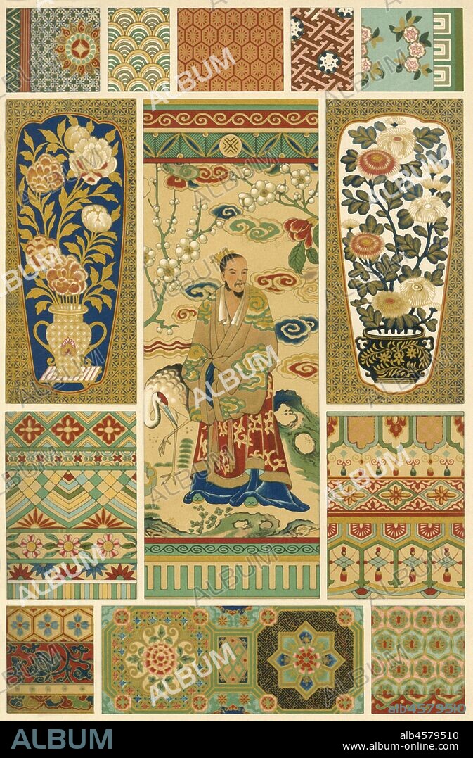 Japanese weaving, painting and cloisonné, (1898). Examples of painted decoration, textiles and enamelling: 'Figs 1-7: Borders and patterns from silk stuffs. Figs 8 and 9: Paintings from an old porcelain-vase. Fig 10: Painting from an old cup-shaped vase. Figs 11 and 12: Borders from two fayence-vases. Figs 13-19: Ornaments from enamelled vases (16, 17 and 19 are modern)'. Émail cloisonné is a type of enamelling. Plate 14 from "The Historic Styles of Ornament" translated from the German of H. Dolmetsch. [B.T. Batford, London, 1898].