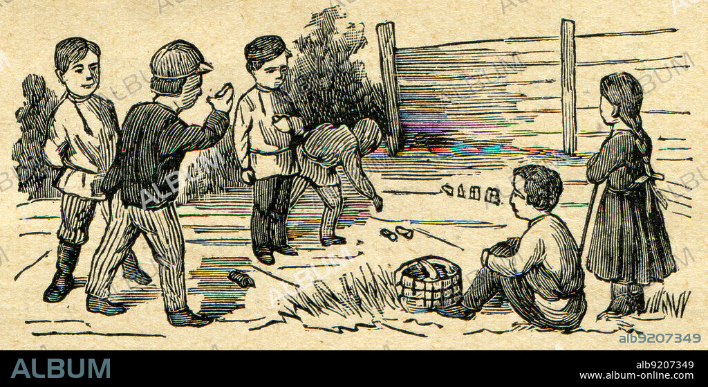 Babki, an old Russian national game of sports events such as skittles game - illustration to the book by A. Kruglov, 'Games and fun for the kids,' publisher A. Stupin, Moscow, Russian Empire, 1917.