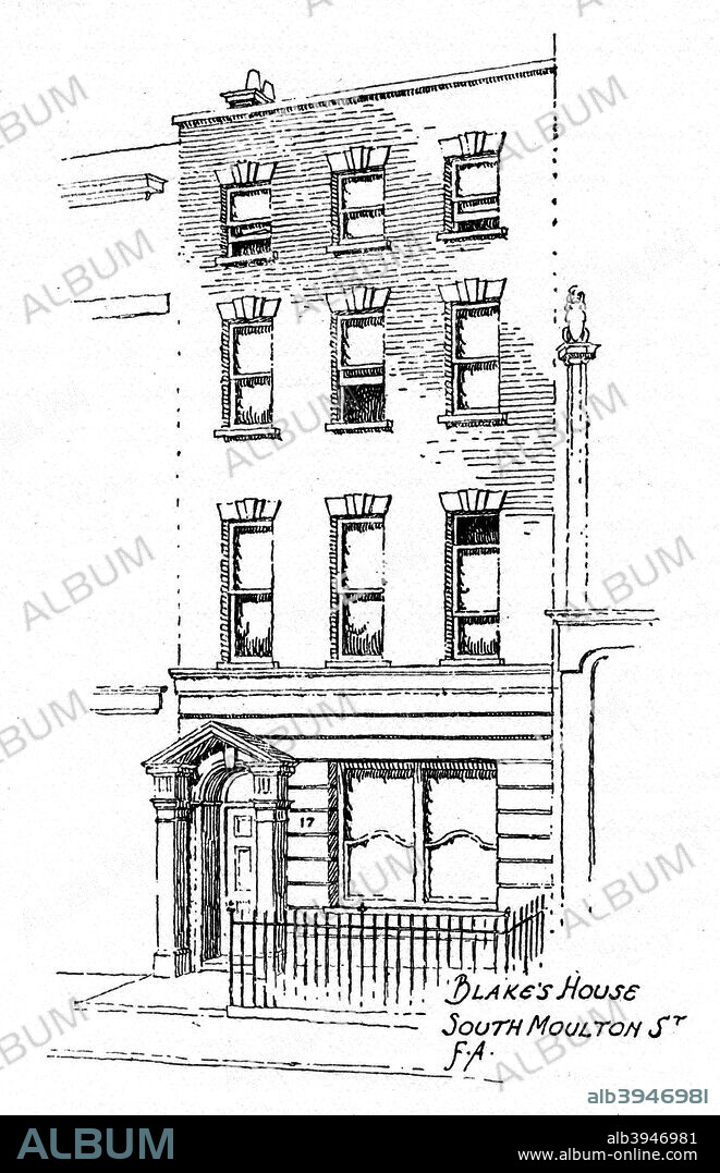 William Blake's house, 17 South Molton Street, London, 1912. English poet, painter, and printmaker William Blake (1770-1845) came to be regarded as one of the foremost figures of Romanticism. His best-known works include Jerusalem (1804-1820) and The Four Zoas (1795-1804). Trained at the Royal Academy as an engraver, he devised an innovative technique for producing coloured engravings. Illustration from Famous Houses and Literary Shrines of London, by John Adcock, (J M Dent and Sons, London, New York, 1912).