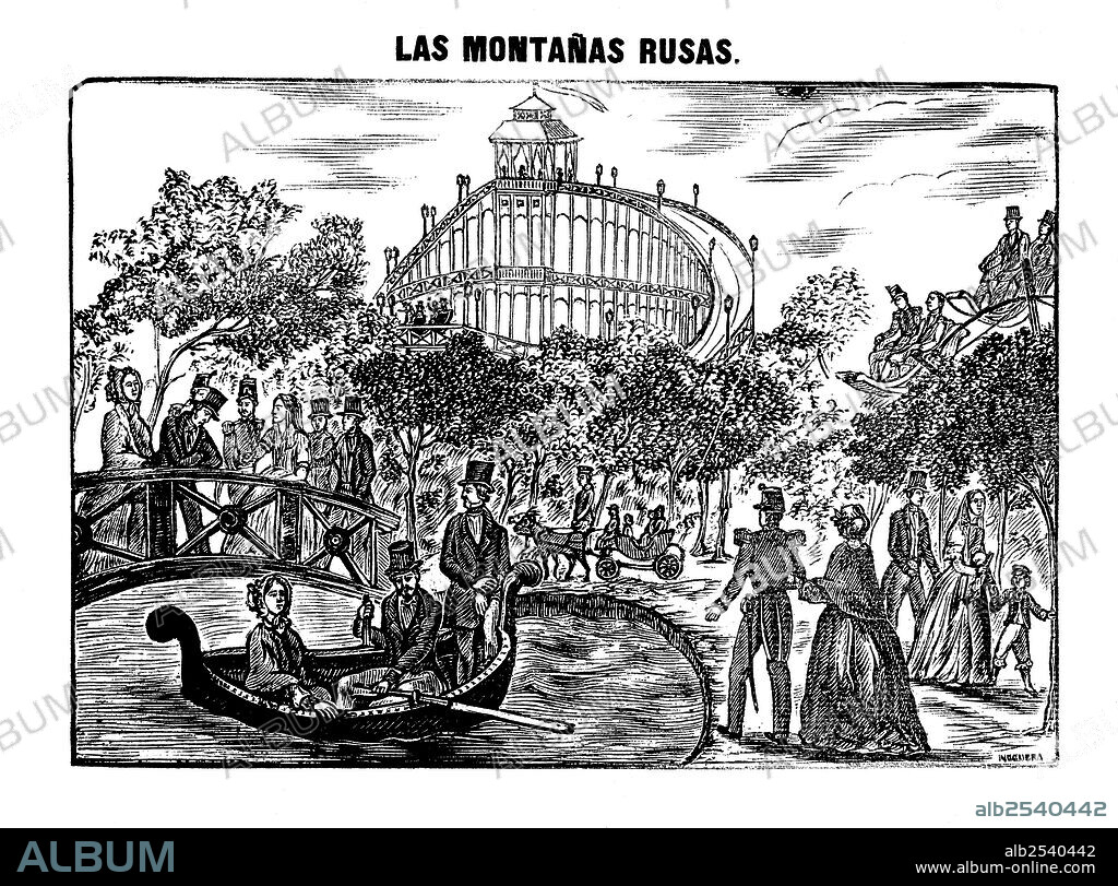 Barcelona. Inauguración de los Campos Eliseos en el Paseo de Gracia en 1853. Montañas rusas. Grabado de 1853.