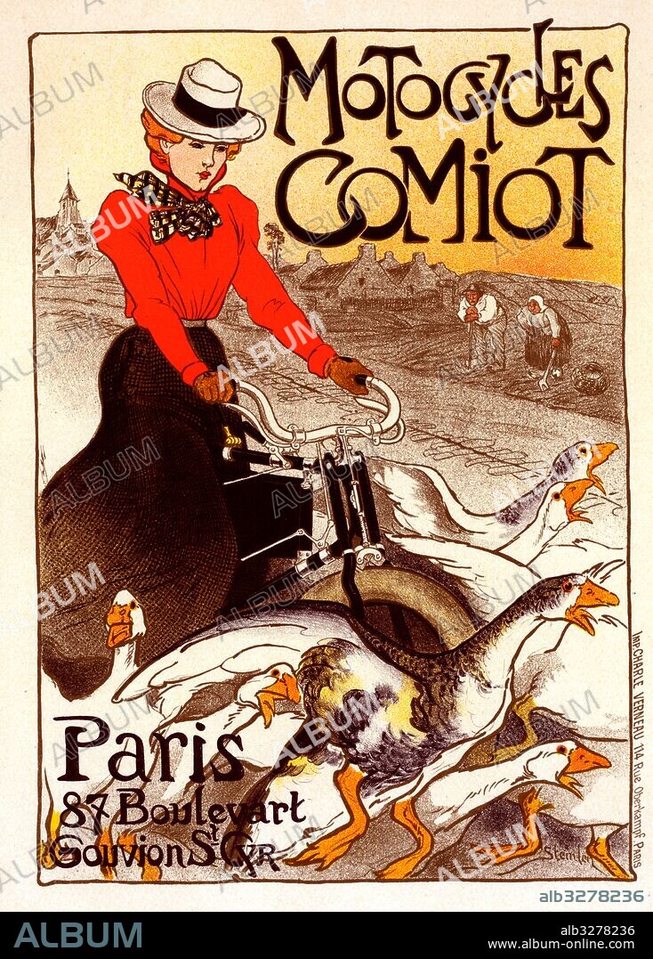 Poster for Motocycles Comiot. Théophile Alexandre Steinlen, frequently referred to as just Steinlen 1859 – 1923, a Swiss-born French Art Nouveau painter and printmaker.