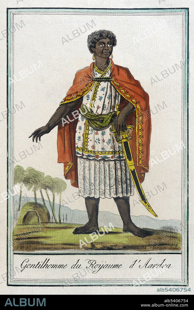 Gentilhomme du Royaume d'Aardra. Gentleman of the Kingdom of Aardra. Great Ardra was a coastal West African kingdom in what is now southern Benin. It was named for its capital, the modern Allada, which was also the main city and major port of the realm. The city and kingdom were supposedly founded by a group of Aja migrants from Tado, a settlement along the Mono River, in the 12th or 13th century. Its kings ruled with the consent of the elders of the people. The state reached the peak of its power in the 16th and early 17th centuries, when it was an important source of slaves for the Atlantic trade. Costumes of Different Countries, hand-tinted engraving by Labrousse, published by Jacques Grasset de Saint-Sauveur, 1797.