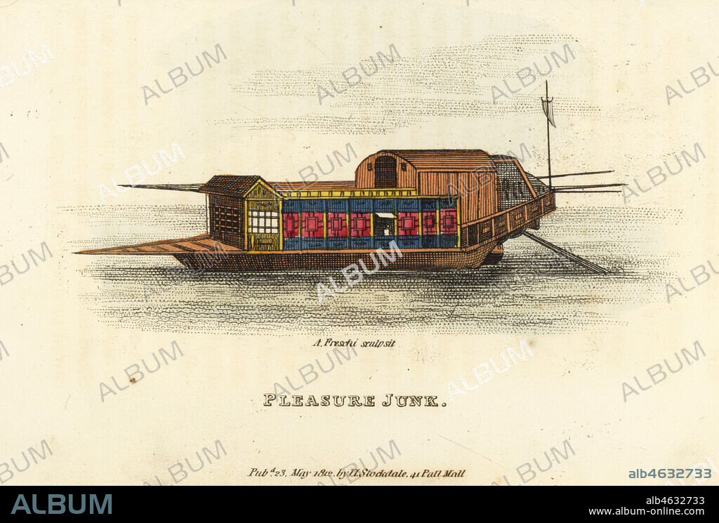 Chinese pleasure junk, Qing Dynasty. Pleasure boat with latticed windows and large cabins, usually rowed or pulled. Handcoloured copperplate engraving by Andrea Freschi after Antoine Cardon from Henri-Leonard-Jean-Baptiste Bertin and Jean Baptiste Joseph Breton's China, Its Costumes, Arts, Manufactures, etc., Howlett and Brimmer, London, 1824.