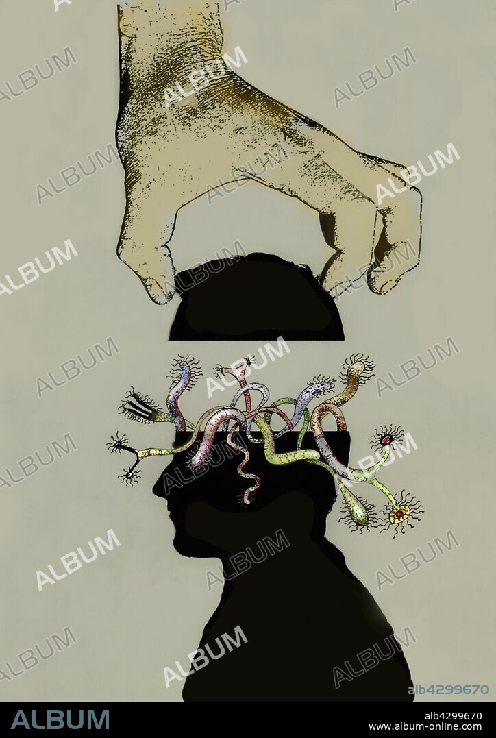 Hand lifting off top of head full of weird fantasy creatures.