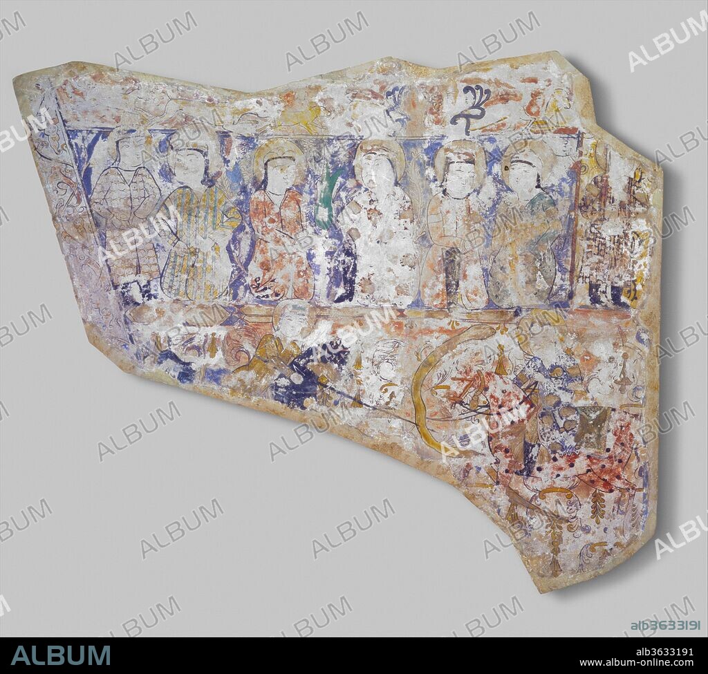 Fragment of Wall Painting with a Scene of Two Horsemen Slaying a Serpent. Dimensions: H. 19 1/2 in. (49.5 cm)
W. 23 1/4 in. (59.1 cm)
Wt. 41 lbs. (18.6 kg). Date: early 20th century.
Medieval texts report that wall paintings often decorated building interiors, and some examples have been excavated. However, extant wall paintings from the Seljuq period are rare. This fragment, probably from the spandrel of an arch, contains a row of standing and kneeling figures in the upper register and a scene of two horsemen slaying a serpent in the lower register. Even more than mina'i ware pottery, it gives an impression of the little-known pre-Mongol painting style.