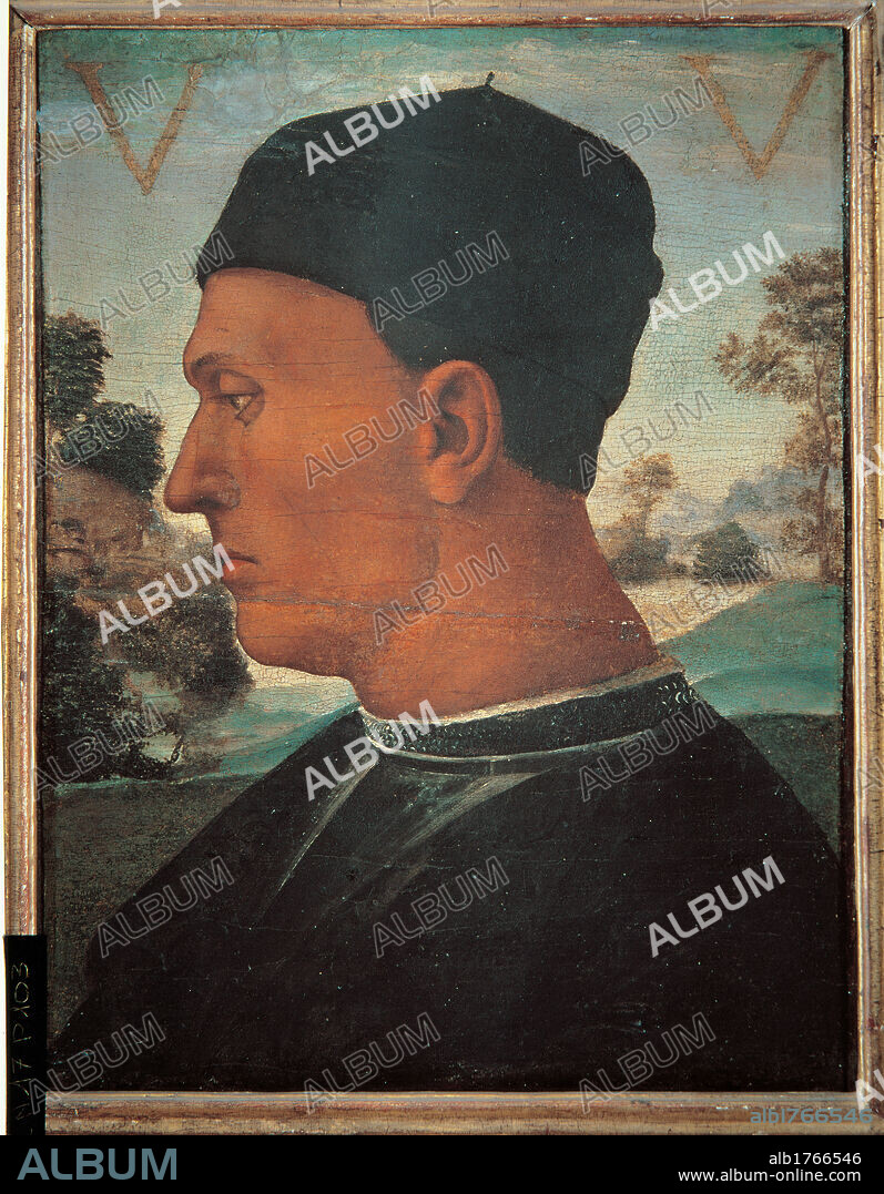 Portrait of Vitellozzo Vitelli, by Luca Signorelli, 15th Century, oil on panel,. Italy, Tuscany, Florence, Berenson Foundation. All. Male portrait profile head headdress headgear landscape in the background.