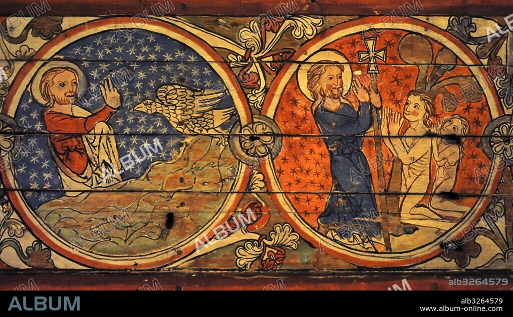 Arte medieval. Techo pintado de una "Stavkirke", iglesias medievales de madera típicas del norte de Europa. Al, Hallingdal. Siglo XIII. La Creación. Museo de Historia (Historical Museum). Oslo. Noruega.