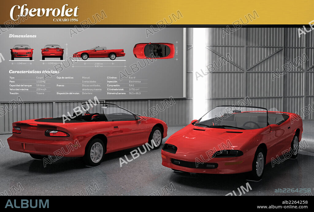 Chevrolet Camaro 1996. Infografía de las características técnicas del automóvil descapotable Chevrolet Camaro de 1996.