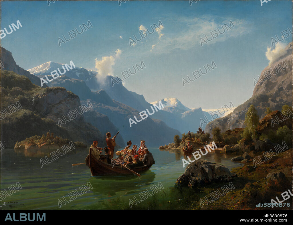 ADOLPH TIDEMAND and HANS GUDE. Brudeferd i Hardanger / Bridal procession on the Hardangerfjord / Bridal journey in Hardanger. Date/Period: 1848. Painting. Oil on canvas. Height: 93.5 cm (36.8 in); Width: 130 cm (51.1 in).