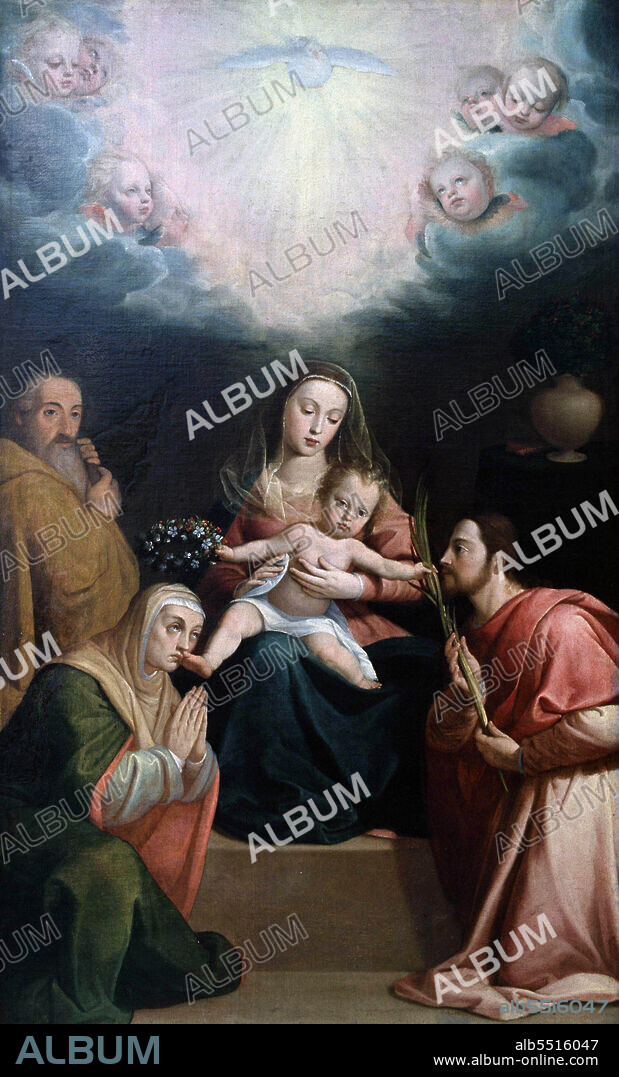 ANTONIO MOHEDANO. MOHEDANO , ANTONIO. PINTOR ESPAÑOL . ANTEQUERA 1561 - 1626. " LA SAGRADA FAMILIA CON SAN JOAQUIN Y SANTA ANA" , OLEO SOBRE LIENZO. COLECCION MILLAN DELGADO . OLIVARES. SAN JOSE , VIRGEN MARIA . JESUCRISTO.