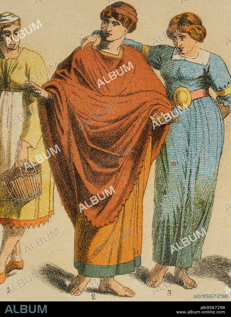 Ancient history. Roman period. Gallo-Romans. Romanized Celtic Gauls. Chromolithography. "Historia Universal", by César Cantú. Volume II, 1881.