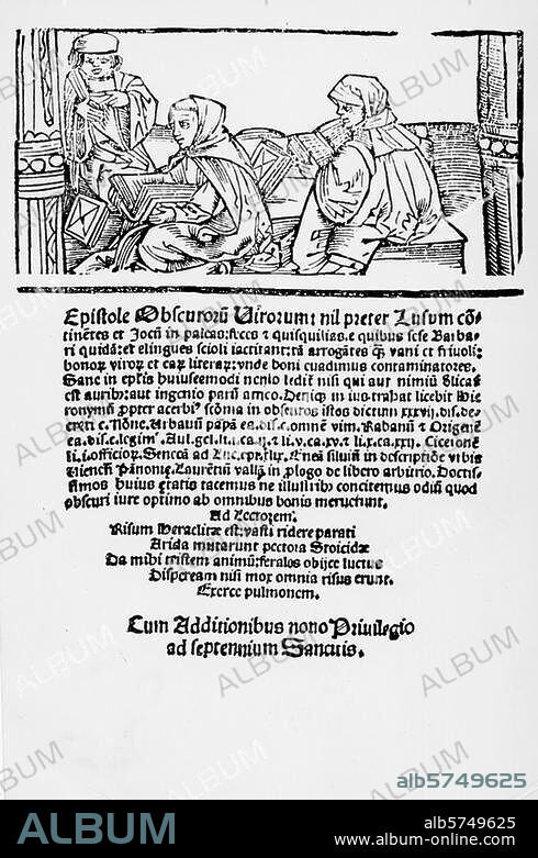 Epistolae obscurorum virorum (Dunkelmännerbriefe) 1515/17. (1. Tl. v. Crotus Rubianus, 2. Tl. vermutl. v. Ulrich v. Hutten; satirische Schrift, die die Gegner Reuchlins im Kölner Judenbücherstreit persifliert; - gegen die Scholastik und die Kirche gerichtet). Titelblattholzschnitt der Ausgabe Bern o. J.