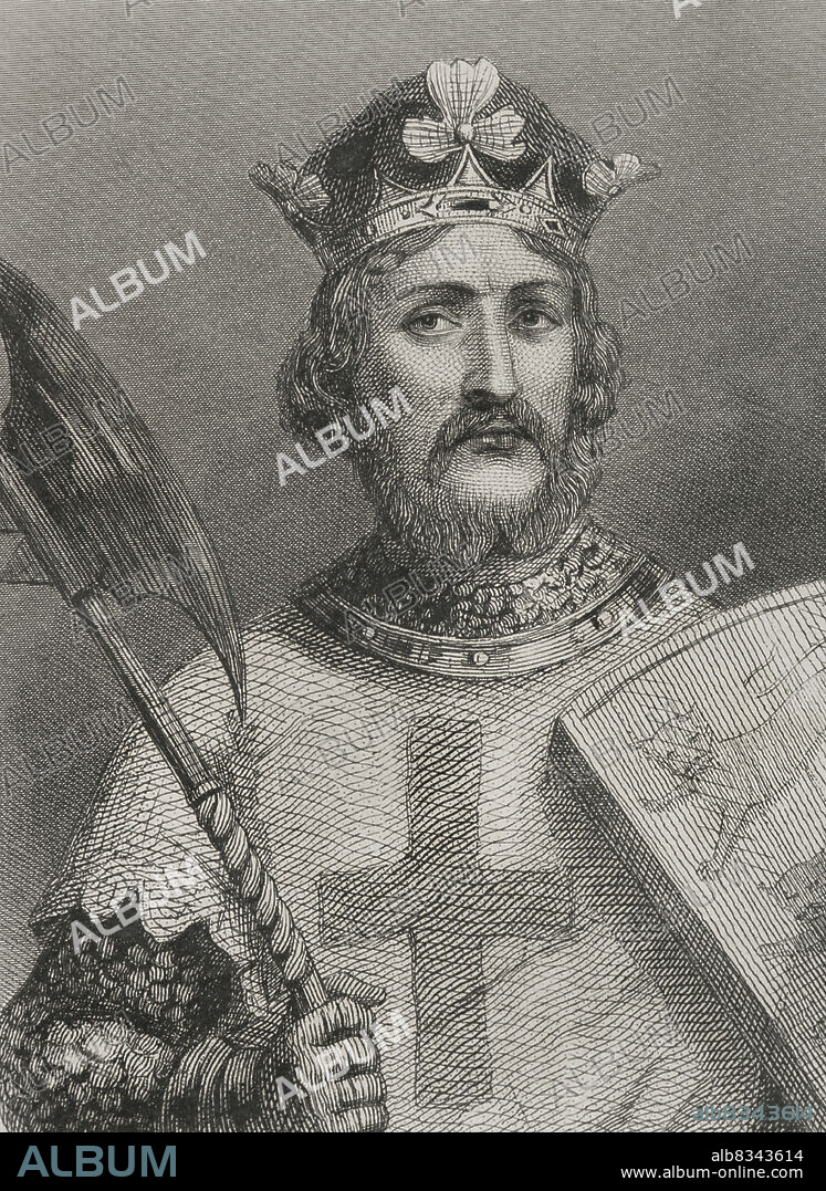 Ricardo I de Inglaterra (1157-1199). Rey de Inglaterra (1189-1199). Conocido como Ricardo Corazón de León. Casa de Plantagenet. Retrato. Grabado. Historia Universal, por César Cantú. Tomo III, 1855.