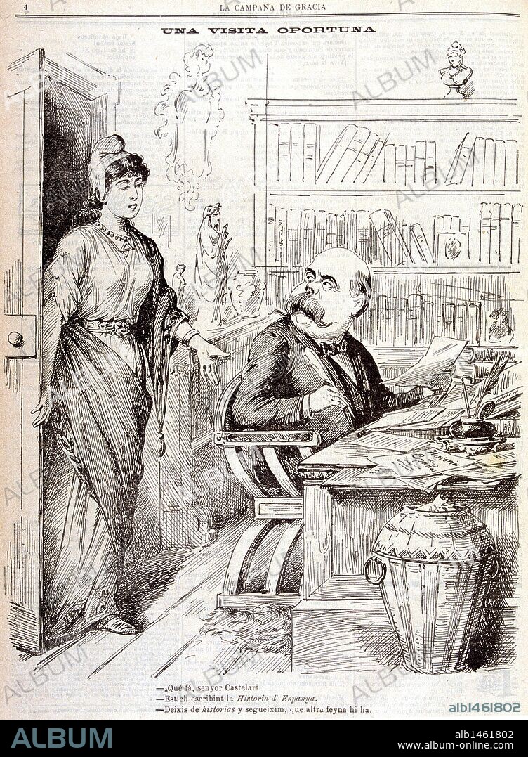 CASTELAR, EMILIO POLITICO ESPAÑOL. CADIZ 1832-1899 CARICATURA EN LA REVISTA SATIRICA "LA CAMPANA DE GRACIA", BARCELONA 1898.