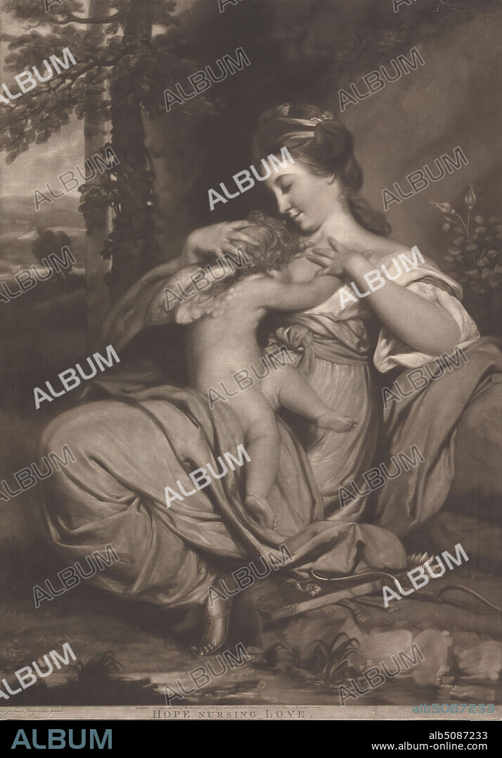 Hope Nursing Love, Edward Fisher, 17221785, British, after Sir Joshua Reynolds RA, 17231792, British, Published by Edward Fisher, 17221785, British, 1771, Mezzotint on moderately thick, slightly textured, beige laid paper, Sheet: 19 7/8 × 14 1/8 inches (50.5 × 35.8 cm) and Image: 19 1/2 × 14 1/8 inches (49.6 × 35.8 cm), allegory, arrows, bow, child, dress, forest, hope, love, mother, mythology, nursing, personification, quiver, religious and mythological subject, ribbons, river, robe, rocks (landforms), sandals, sash, trees, vice, virtue, wings, woods.