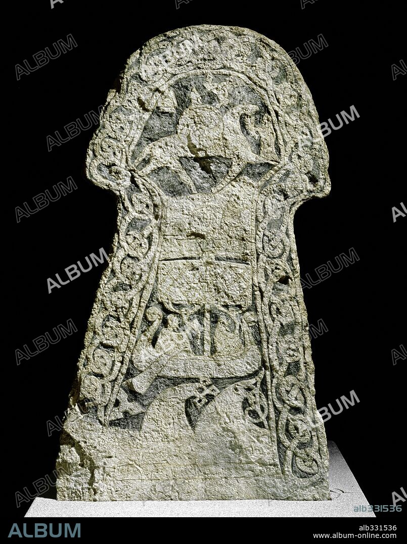 Viking picture stone from Lillbjors Gotland 8th century AD with God Wotan on horse Sleipnir assisted by Valkyrie.