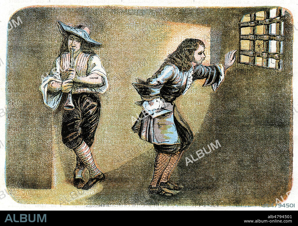 paul PELISSON (1624-1693), en prison, domestiquant une araignee. Illustration anonyme pour le Magasin des Enfants de septembre 1847 (Premiere tentative d'impression en couleur pour la presse enfantine). Credit : Collection Jonas/Kharbine-Tapabor.