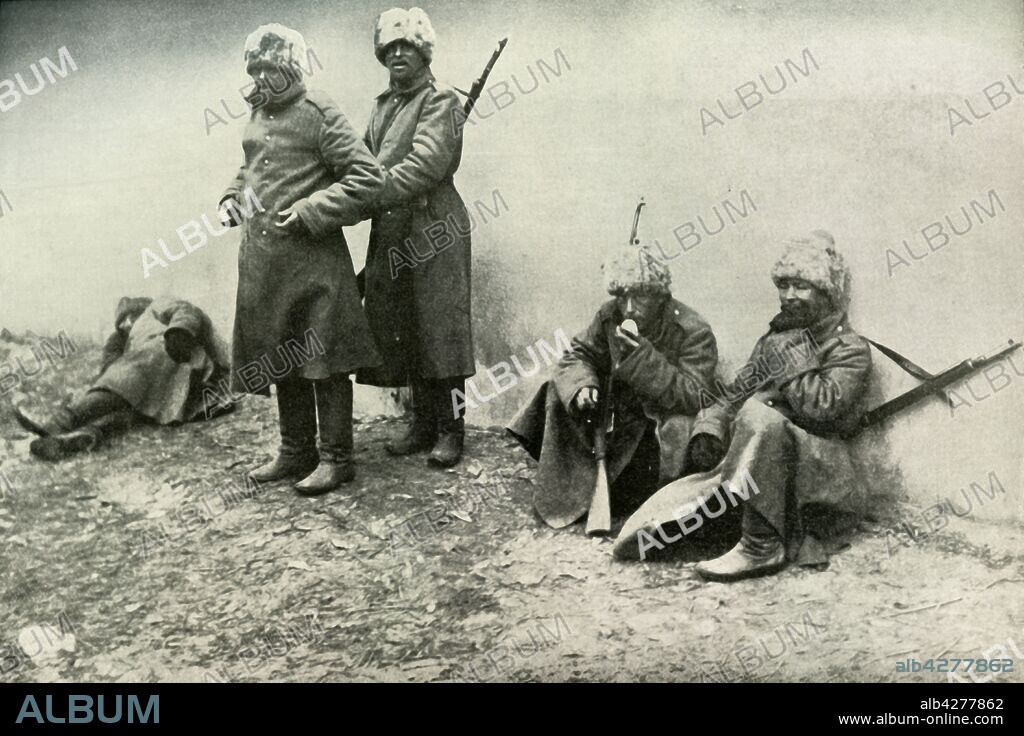'Types of the Russian Army', (1919). Scene from the First World War, 1914-1919: 'Siberian infantry, who are readily distinguishable by the conical fur cap worn by all trans-Ural troops of the Russian Empire.' From "The History of the Great European War: its causes and effects", Vol. IV, by W. Stanley Macbean Knight. [Caxton Pulishing Company, Limited, London, 1919].