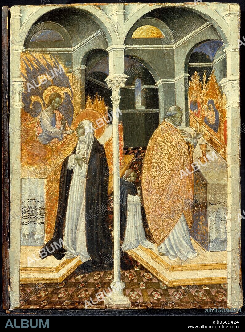 The Miraculous Communion of Saint Catherine of Siena. Artist: Giovanni di Paolo (Giovanni di Paolo di Grazia) (Italian, Siena 1398-1482 Siena). Dimensions: 11 3/8 x 8 3/4 in. (28.9 x 22.2 cm).
These three panels belong to a series from the base (predella) of a large altarpiece and constituted the first extensive narrative cycle of Catherine of Siena, a Sienese mystic as well as minister to the poor and plague-stricken. They were commissioned after her canonization in 1460 and are based on the biography written by her confessor, Raymond of Capua. Among the most notable features is the way space is manipulated to enhance the mystic character of their subject. Two further scenes are in the Metropolitan (Robert Lehman Collection). For more information about these paintings, including detailed descriptions of the stories, visit metmuseum.org.