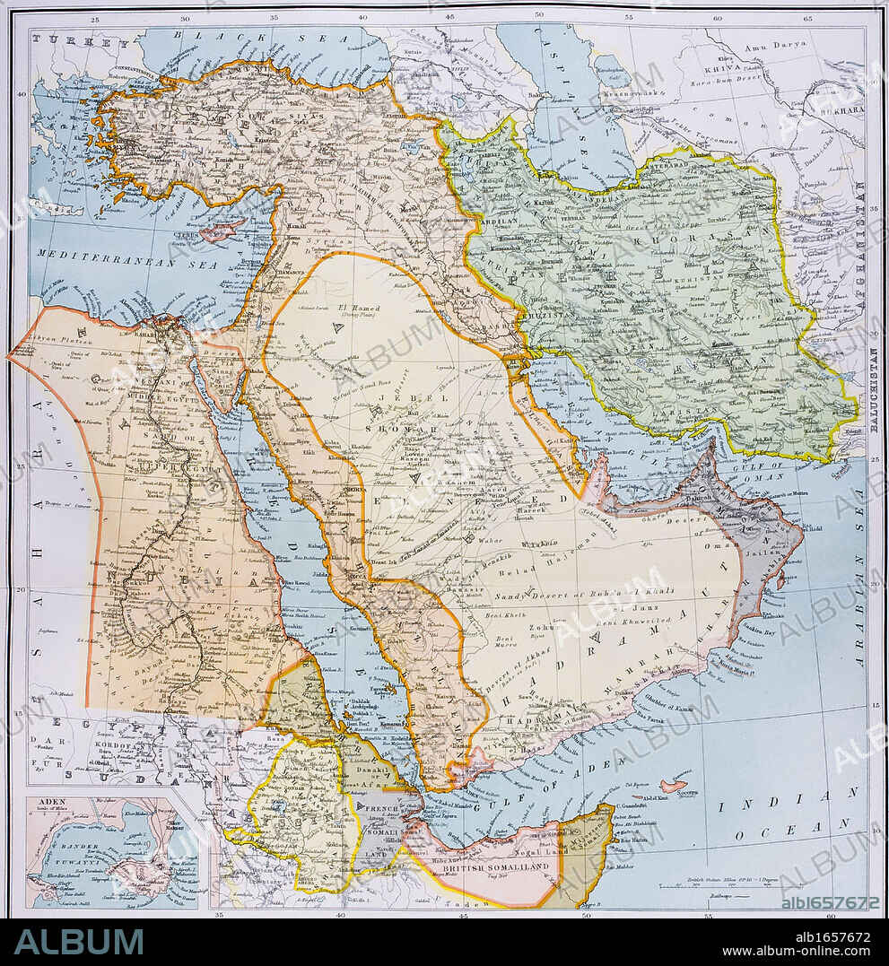 Map of Turkey Middle East Horn of Africa and Persian Gulf in 1890s From The Citizen's Atlas of the World published London circa 1899.