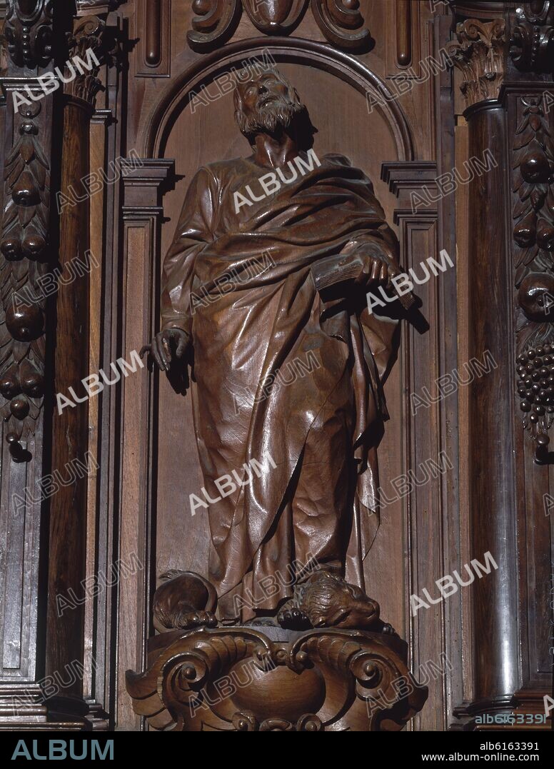 PEDRO DE MENA Y MEDRANO. SAN MARCOS - DETALLE DE LA SILLERIA DEL CORO DE LA CATEDRAL DE MALAGA - CAOBA - SIGLO XVII - BARROCO ESPAÑOL.