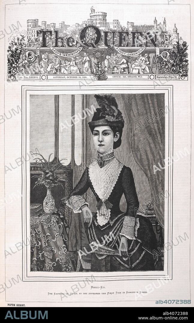 Haru-Ko, the Empress of Japan as she appeared the first time in European dress. Empress Shoken (9 May 1849 â€“ 9 April 1914), also known as Empress Dowager Shoken was empress consort of Emperor Meiji of Japan. Known throughout her reign for her support of charity work, and of women's education, the Empress also worked for the establishment of the Japanese Red Cross Society. Especially concerned about Red Cross activities in peace time, she created a fund for the International Red Cross, which was later named "The Empress Shoken Fund". The Queen, The Lady's Newspaper & Court Chronicle. Source: The queen, 19 October 1889, front page.
