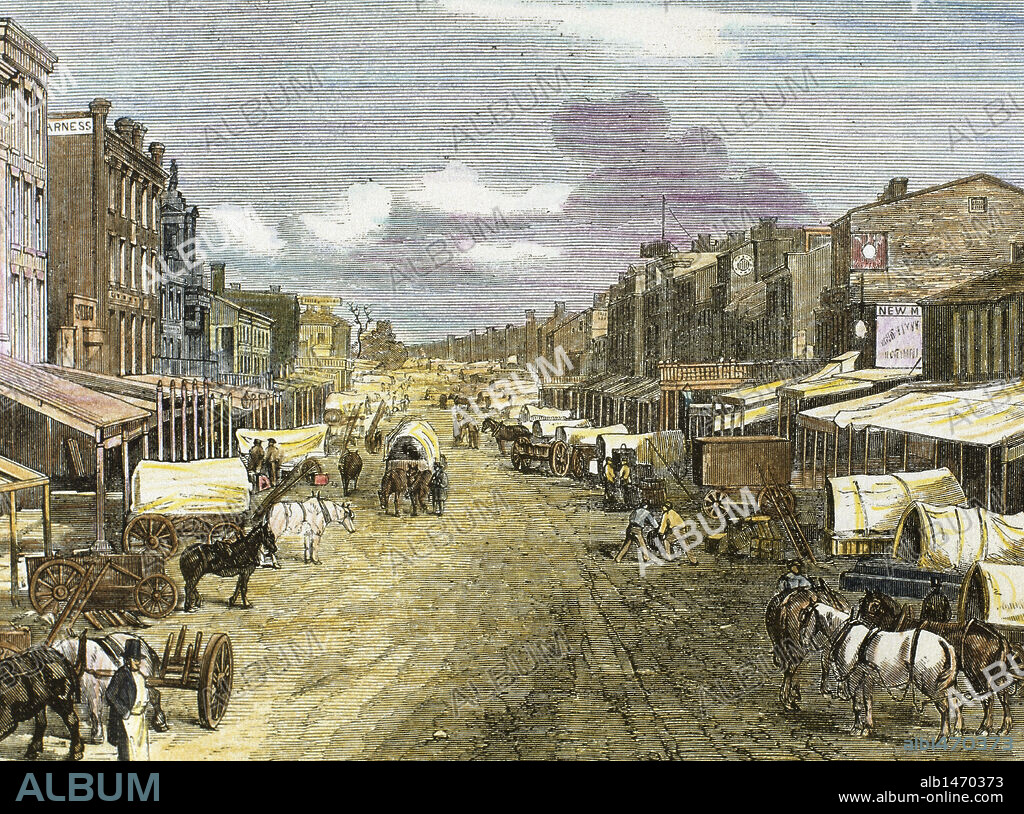 HISTORIA DEL OESTE AMERICANO. S. XIX. Grabado que representa la ciudad de ST. LOUIS (Missouri) en 1850. Junto con las ciudades de St. Joseph e Independence fueron grandes centros de partida hacia la conquista del Oeste.