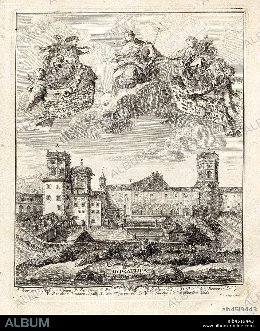 Water tower, Waterworks at the Red Gate to the Tinkwasserversorgung of Augsburg, signed: G. Eichler jun., del, J. S. Negges fecit, frontispiece, Eichler, Gottfried (del.); Negges, Johann Simon (fec.), 1754, Caspar Walter: Hydraulica Augustana: das ist: Ausführliche Beschreib- und Auslegung alles dessen was in des heil. Röm. Reichs-Stadt Augspurg in den daselbst befindlichen drey obern Haupt-Wasser-Thürnen so wohl, als in den Brunnen-Häusern, darinnen die Wasser-Druck-Wercke stehen [...]. Augspurg: gedruckt bey Abraham Detleffsen, 1754.